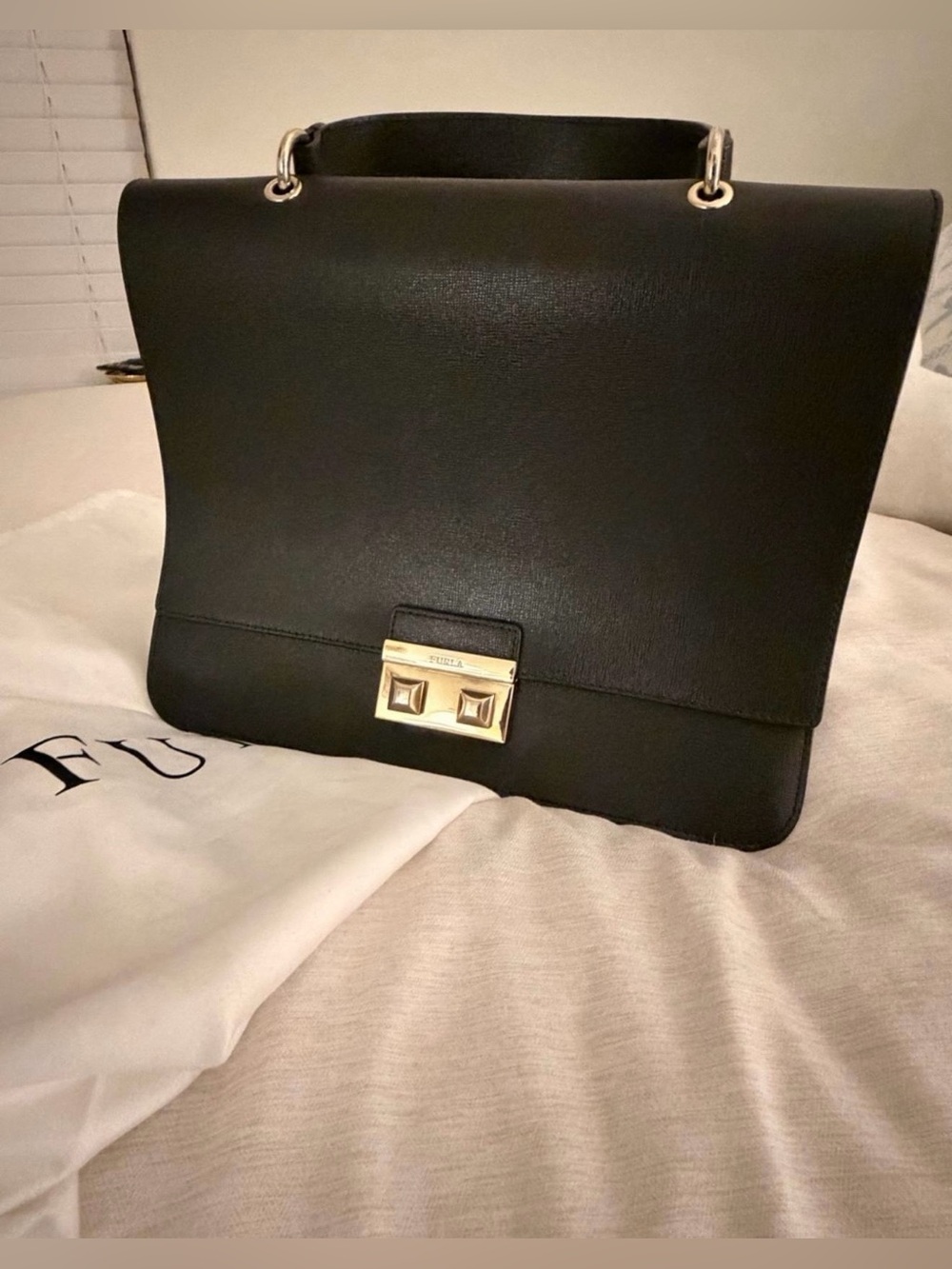 Furla Structured Black Leather Top-Handle Satchel with Gold Push Lock
